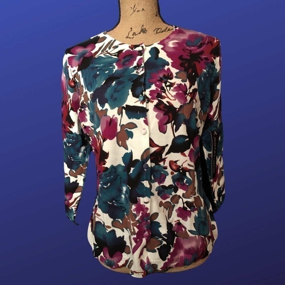 NOTATIONS Spring Summer CARDIGAN, 3/4 Sleeves, Multicolor FLORAL, NWT, Size M
